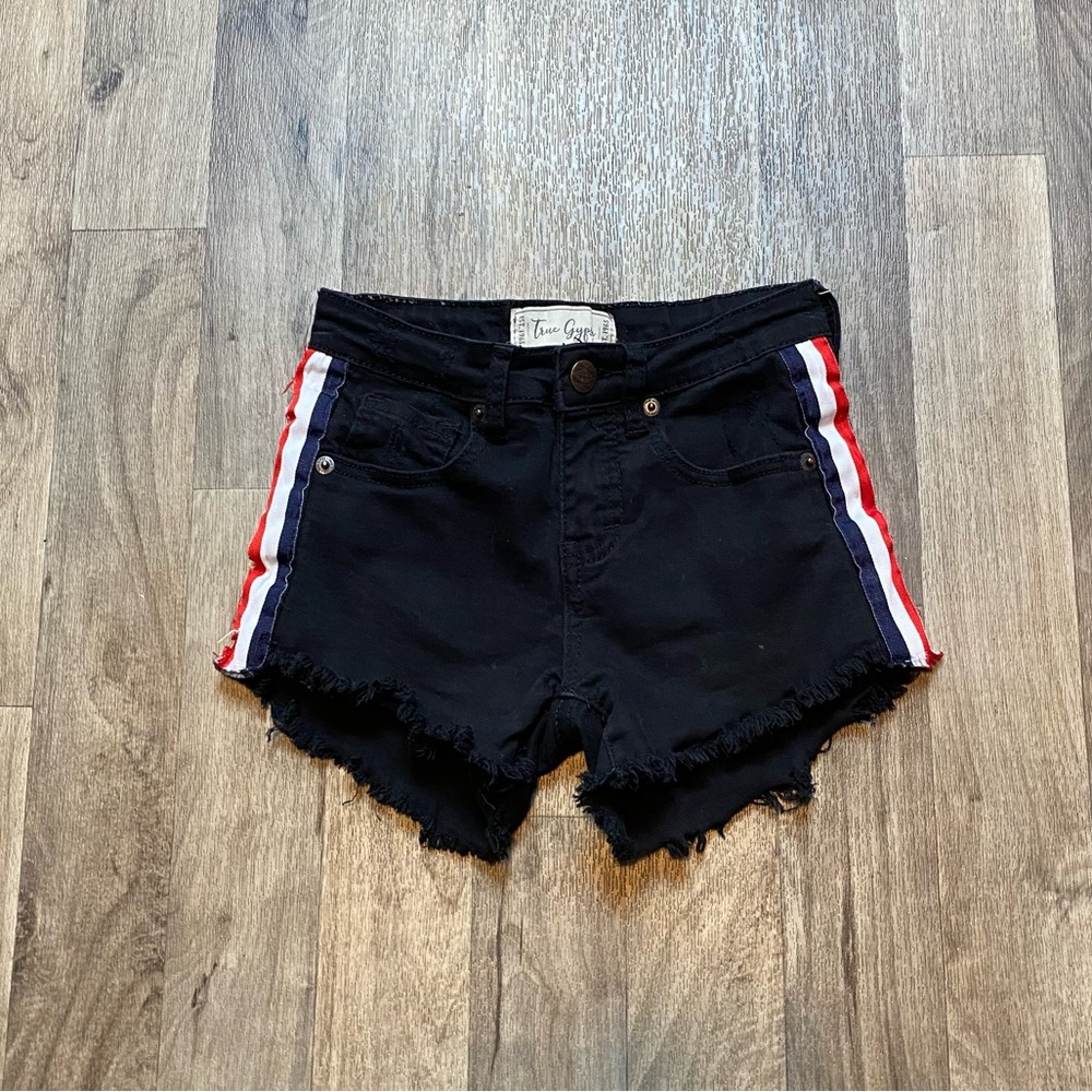 True Gypsy Black Denim Cutoff Shorts Red Stripe Size 0